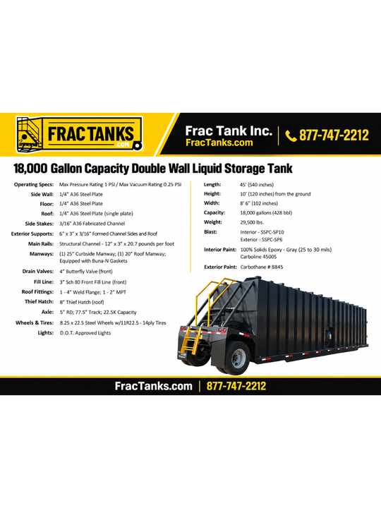 18,000 Gallon Double Wall Frac Tank